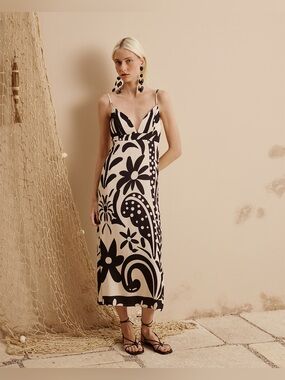CaCay Ivory and White Print Midi Vacation Dress Small P